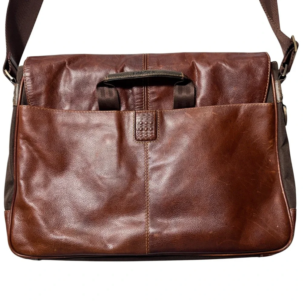 Boconi Messenger Bag Brown Leather Canvas Laptop Case Dark Academia